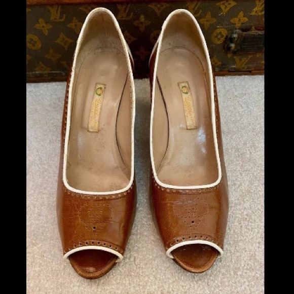 RARE VINTAGE 70s GUCCI ITALY GG LOGO PUMPS HEELS BROWN WHITE LEATHER OPEN TOE 37 - Picture 5 of 11